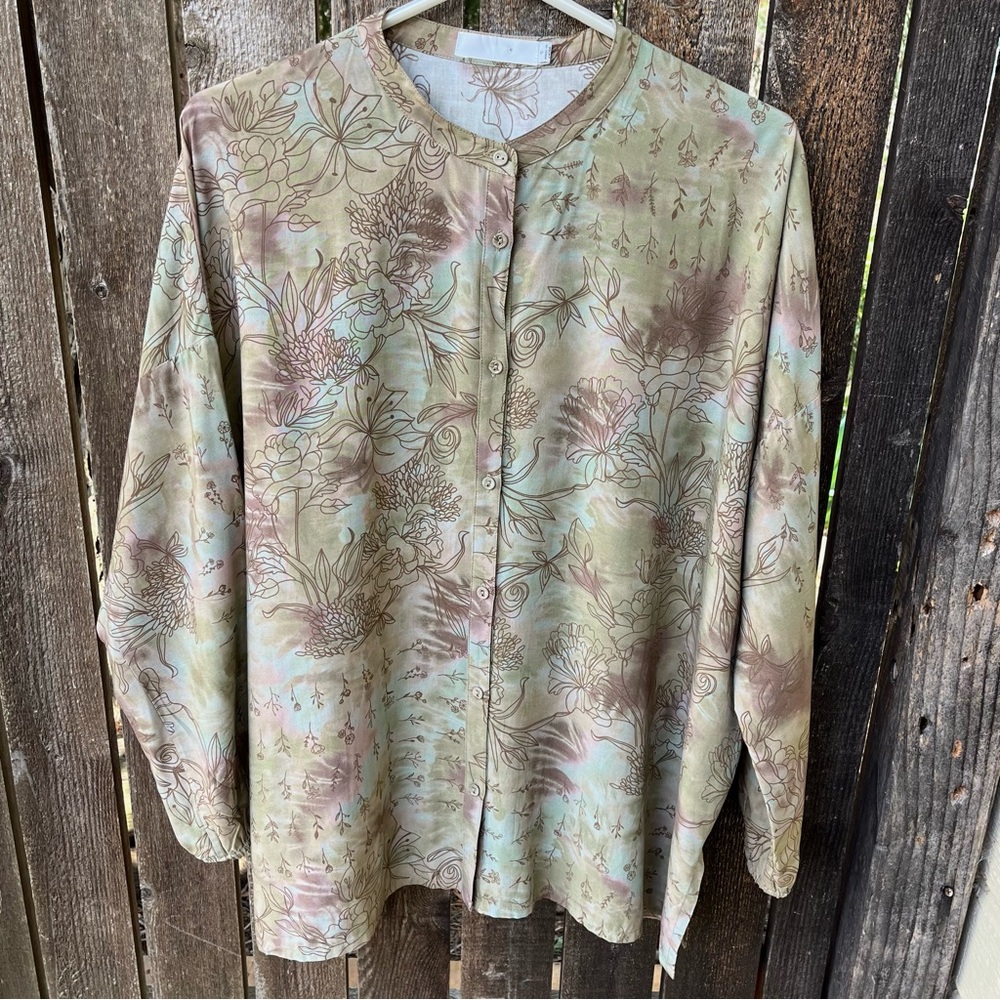 Johnny Was Calme 100% Rayon Oversized Floral Puff Sleeve Button Down Shirt Sz S